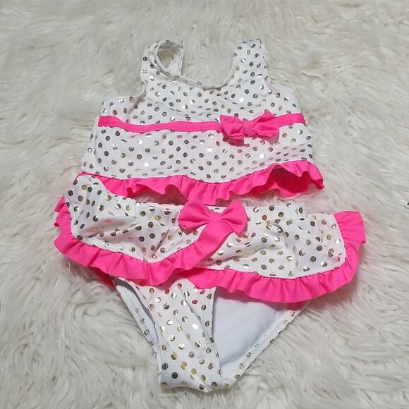 Lemon Kiss Baby Girls White, Gold and Pink Polka Dot Bikini Swimsuit - Picture 1 of 4